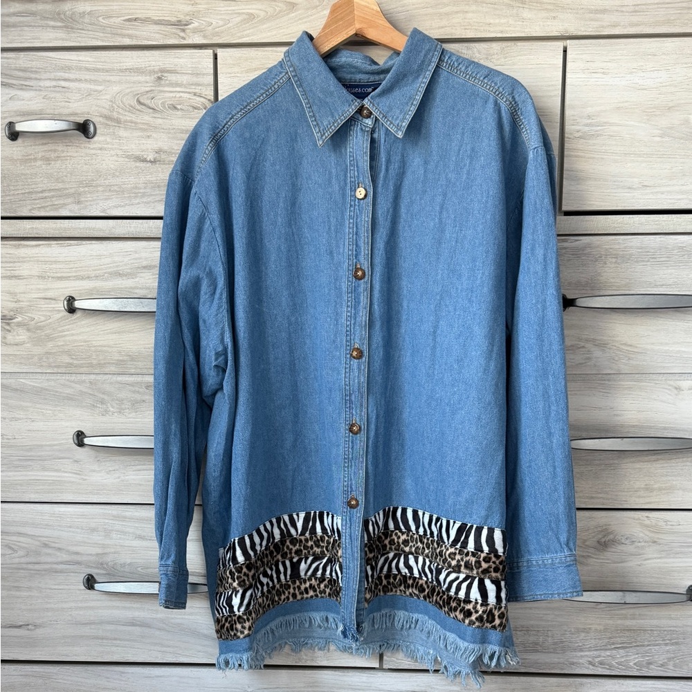 Vintage denim button down shirts with animal print textured details size XXL